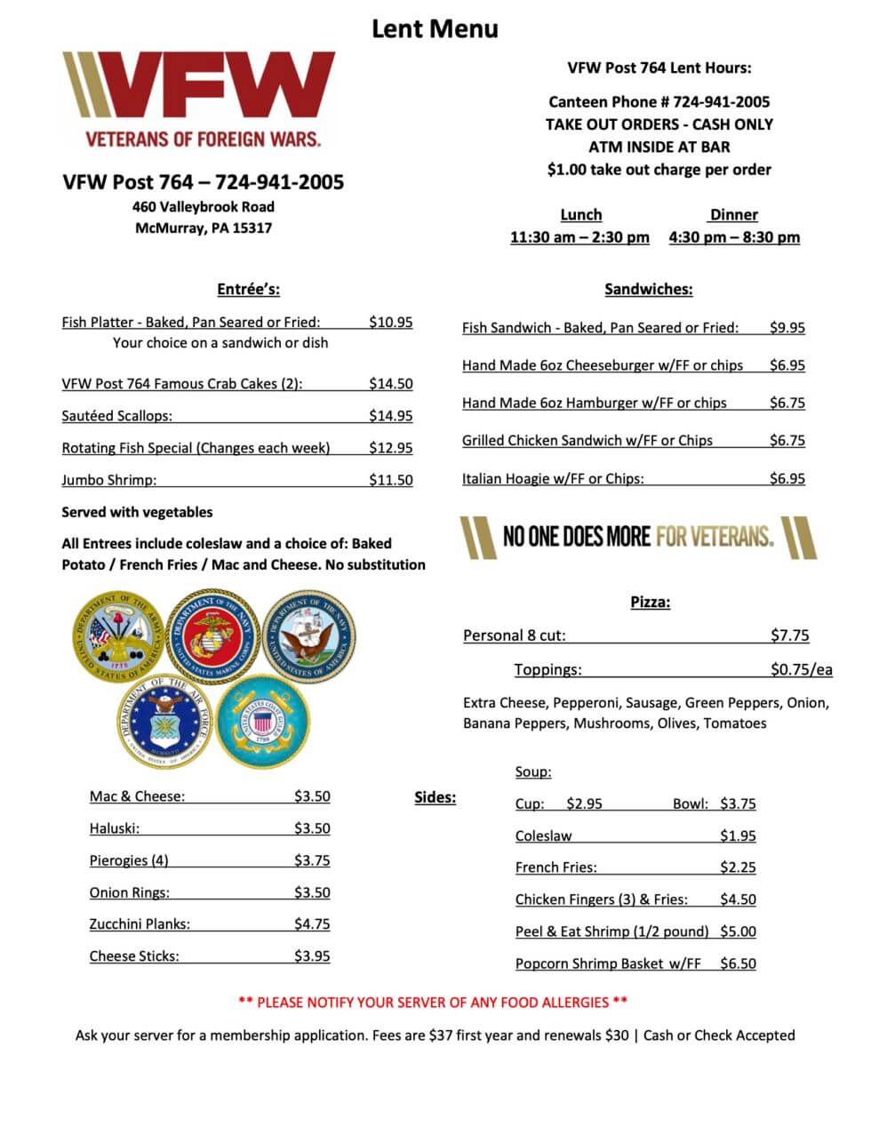 Menu - Veterans of Foreign War Post 764